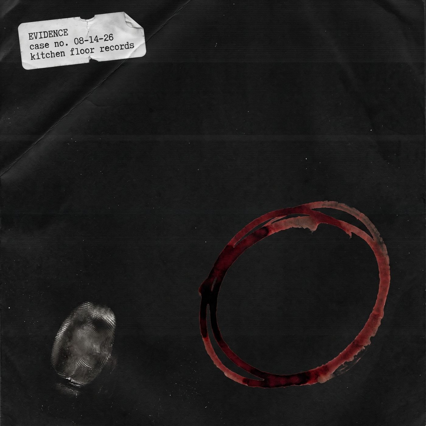 evidence. album cover: a black evidence bag, a white fingerprint, a red wine ring.