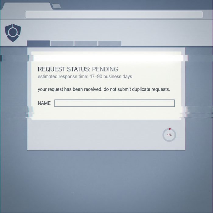 normal business hours cover: a request status screen reading PENDING at 1%.