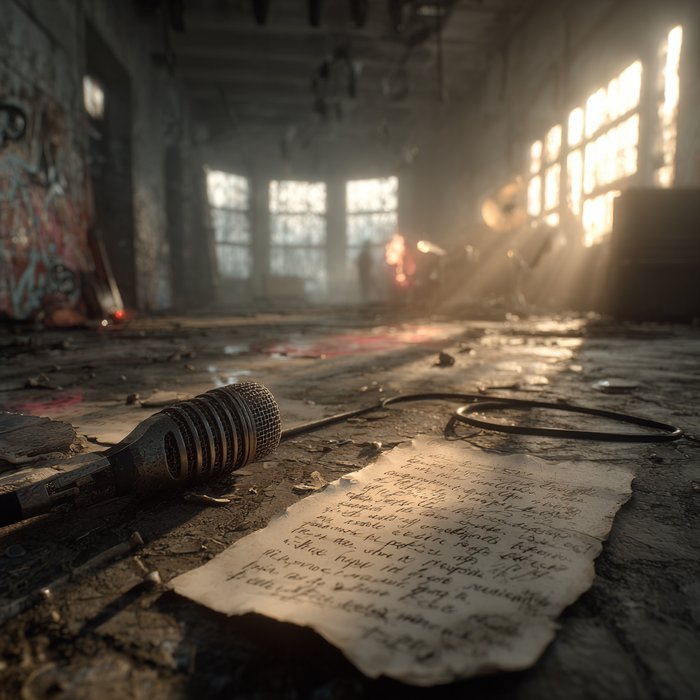 ruin, relentless cover: a microphone and a handwritten page on the floor of an empty building.